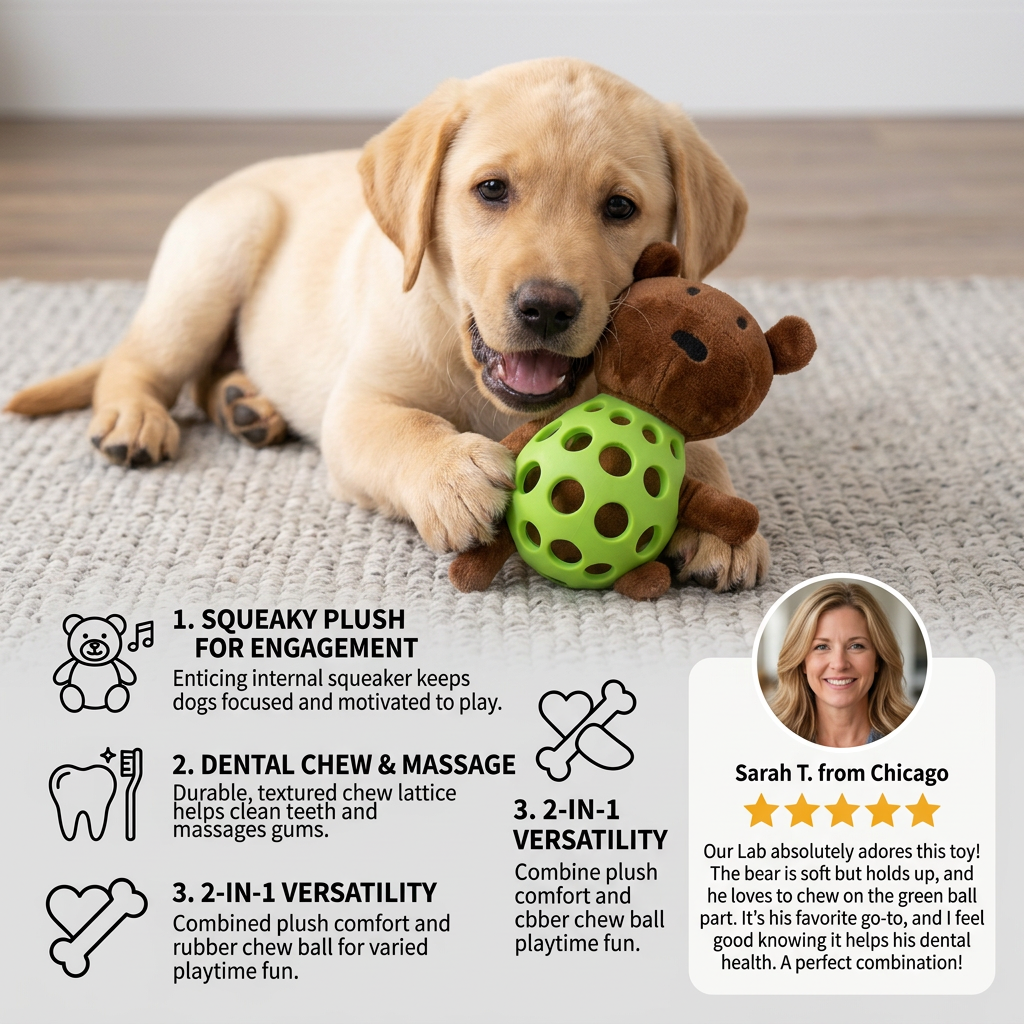 2-in-1 Bear Dog Toy – Squeaky Plush & Dental Chew Ball - Image 2