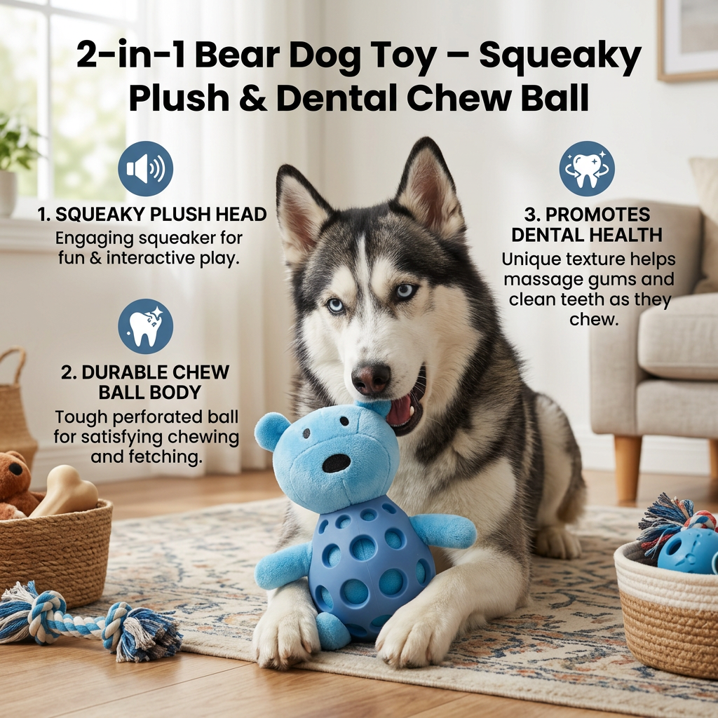 2-in-1 Bear Dog Toy – Squeaky Plush & Dental Chew Ball - Image 3