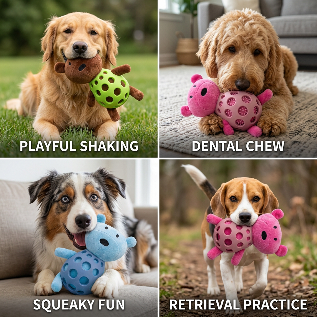 2-in-1 Bear Dog Toy – Squeaky Plush & Dental Chew Ball - Image 4