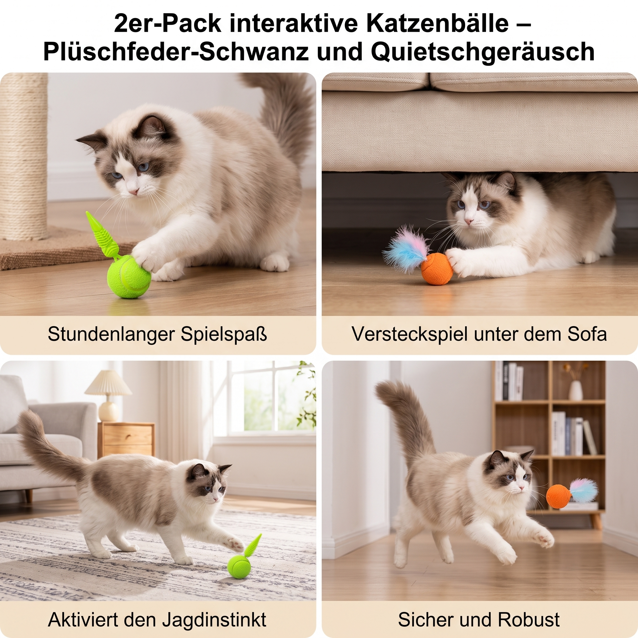 Interactive Cat Balls 2-Pack with Feather Tail & Squeaky Sound - Image 4