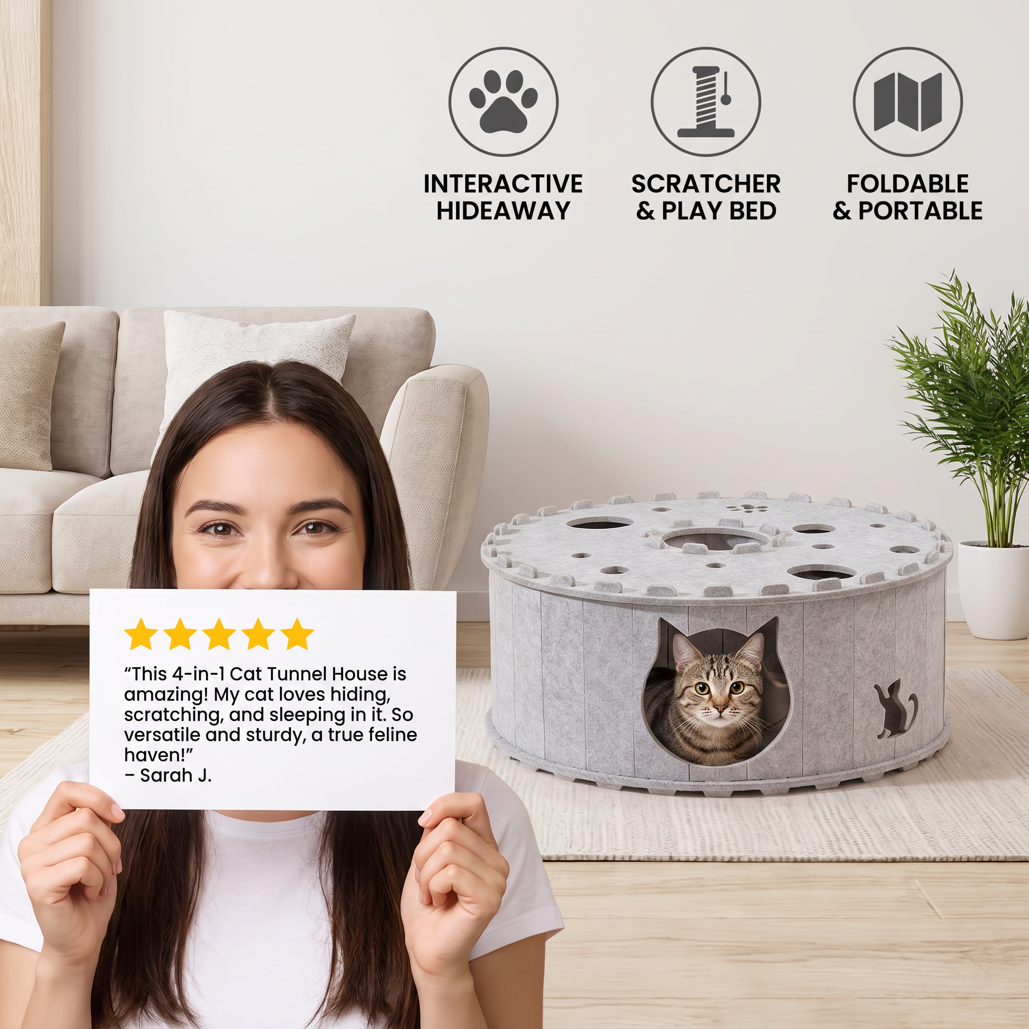 4-in-1 Foldable Cat Tunnel House – Hideaway, Scratcher & Play Bed - Image 2