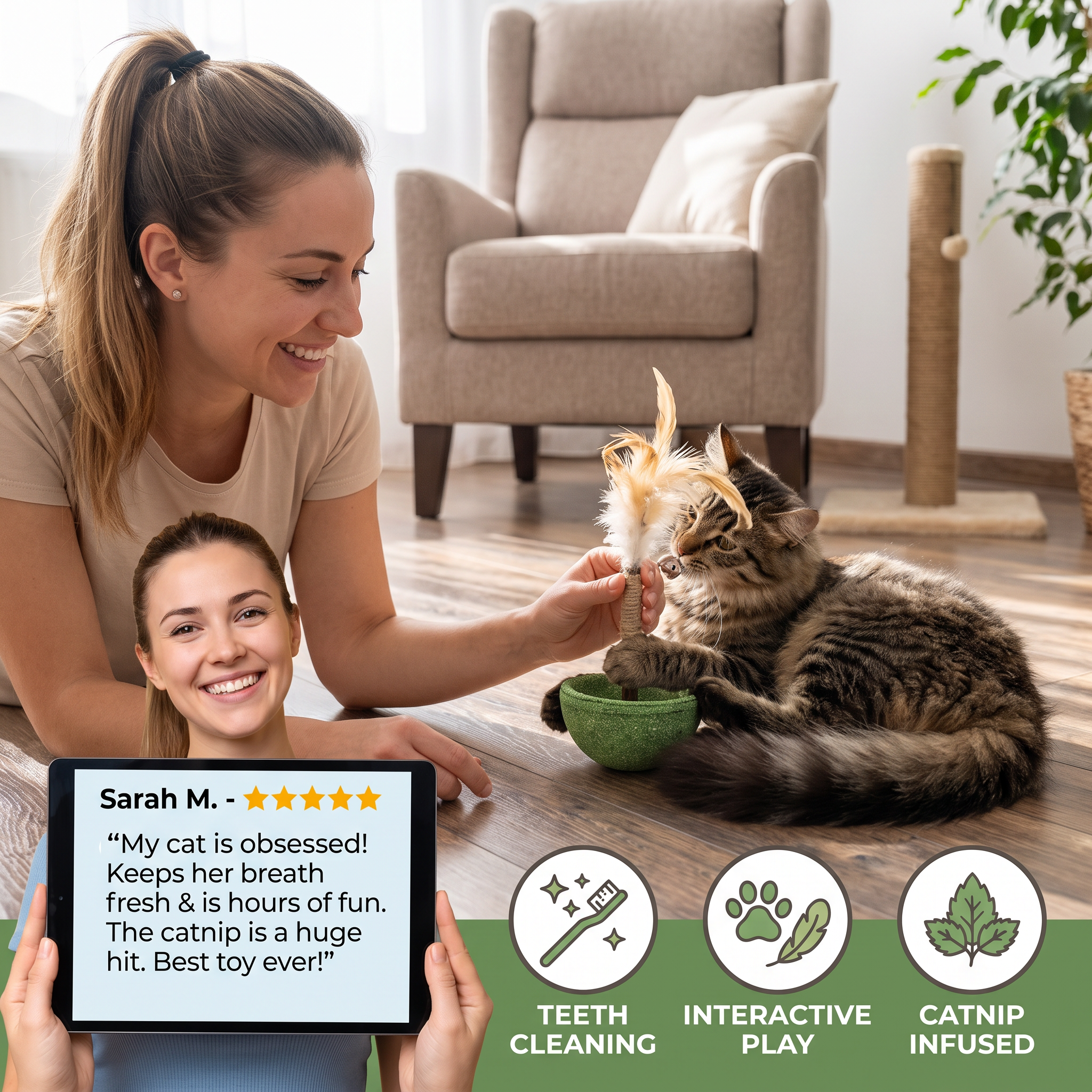 Catnip Tumbler Cat Toy with Teeth Cleaning Texture, Feathers & Bell - Image 2