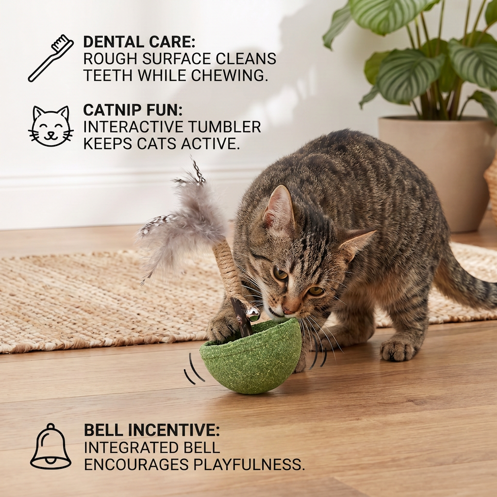Catnip Tumbler Cat Toy with Teeth Cleaning Texture, Feathers & Bell - Image 3