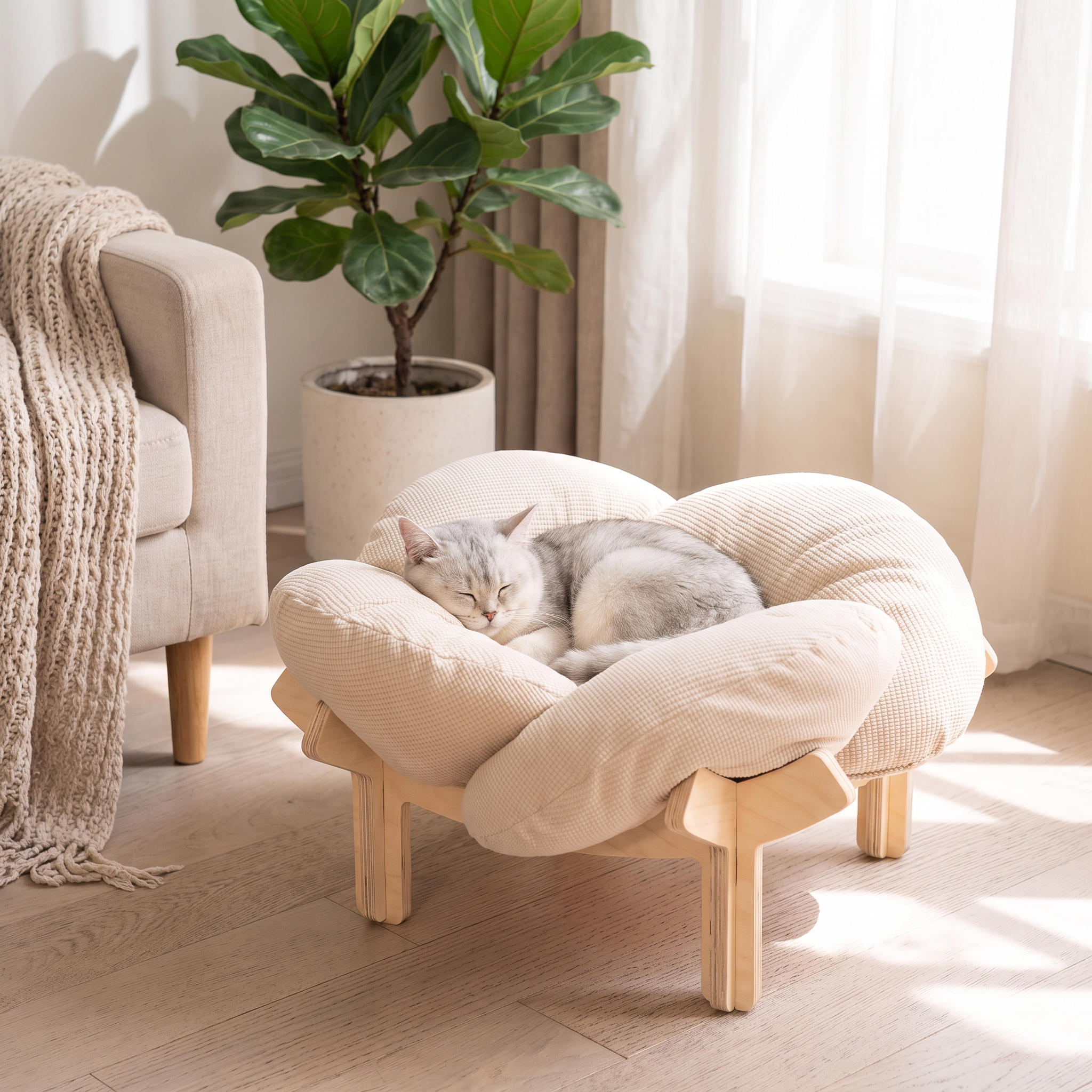 Luxury Elevated Wooden Flower Pet Bed with Plush Cushion