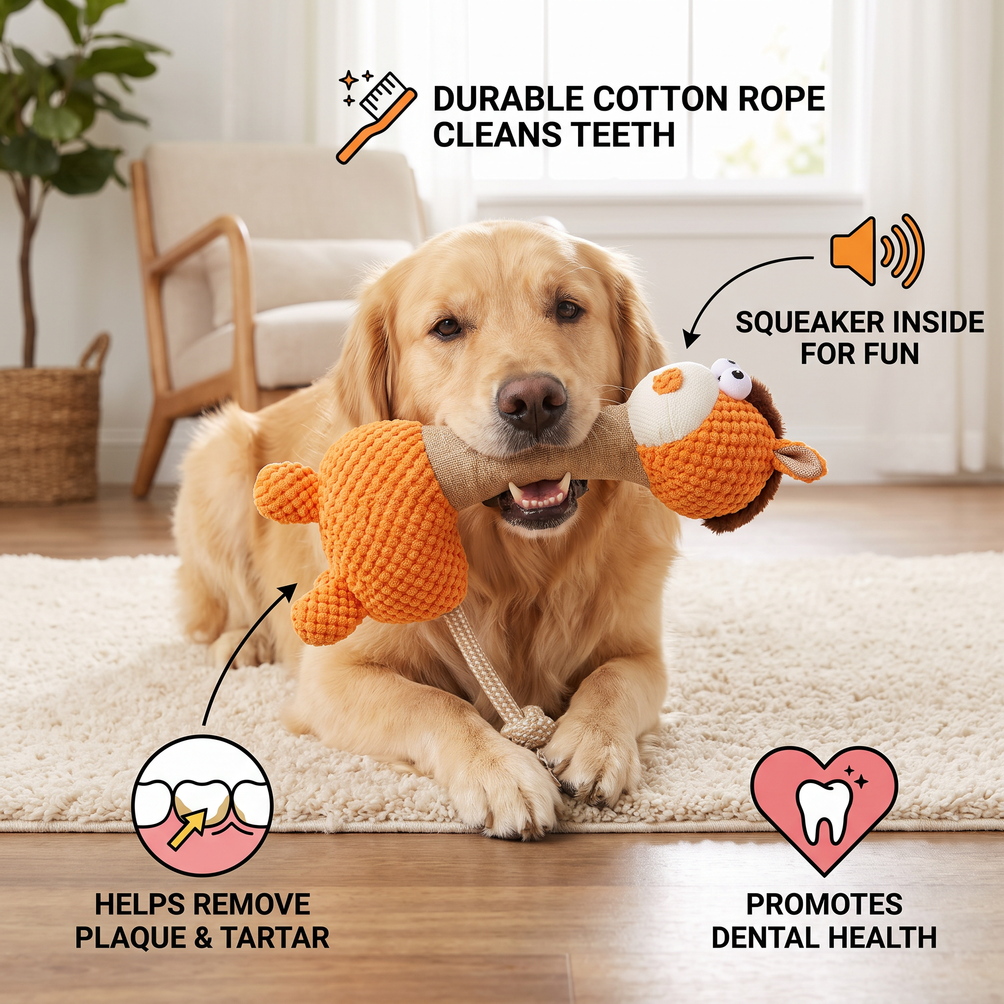 Durable Cotton Rope Teeth Cleaning Plush Dog Toy with Squeaker - Image 3