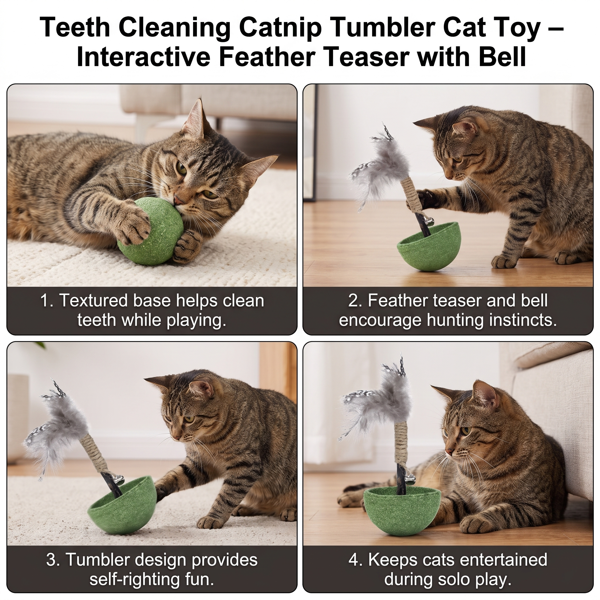 Catnip Tumbler Cat Toy with Teeth Cleaning Texture, Feathers & Bell - Image 4