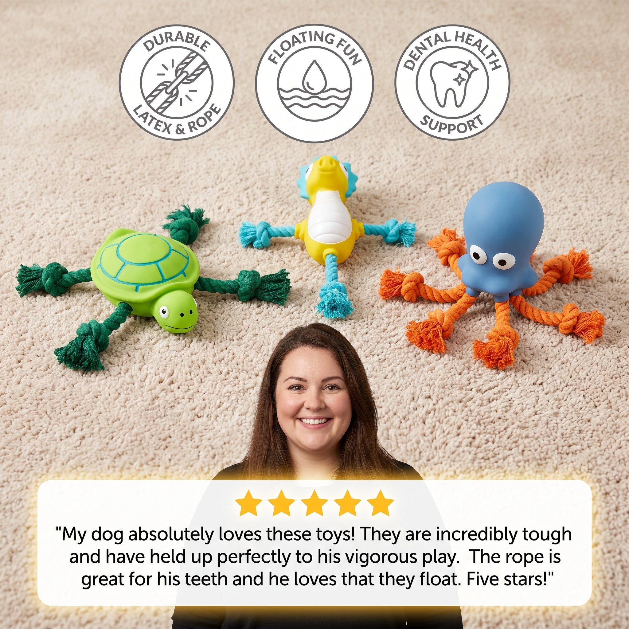 Durable Floating Dental Latex & Rope Dog Toy - Image 2